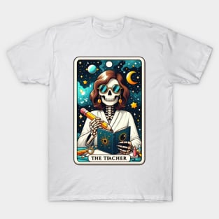 Cosmic Skeleton Teacher Reading Under the Stars Tarot T-Shirt